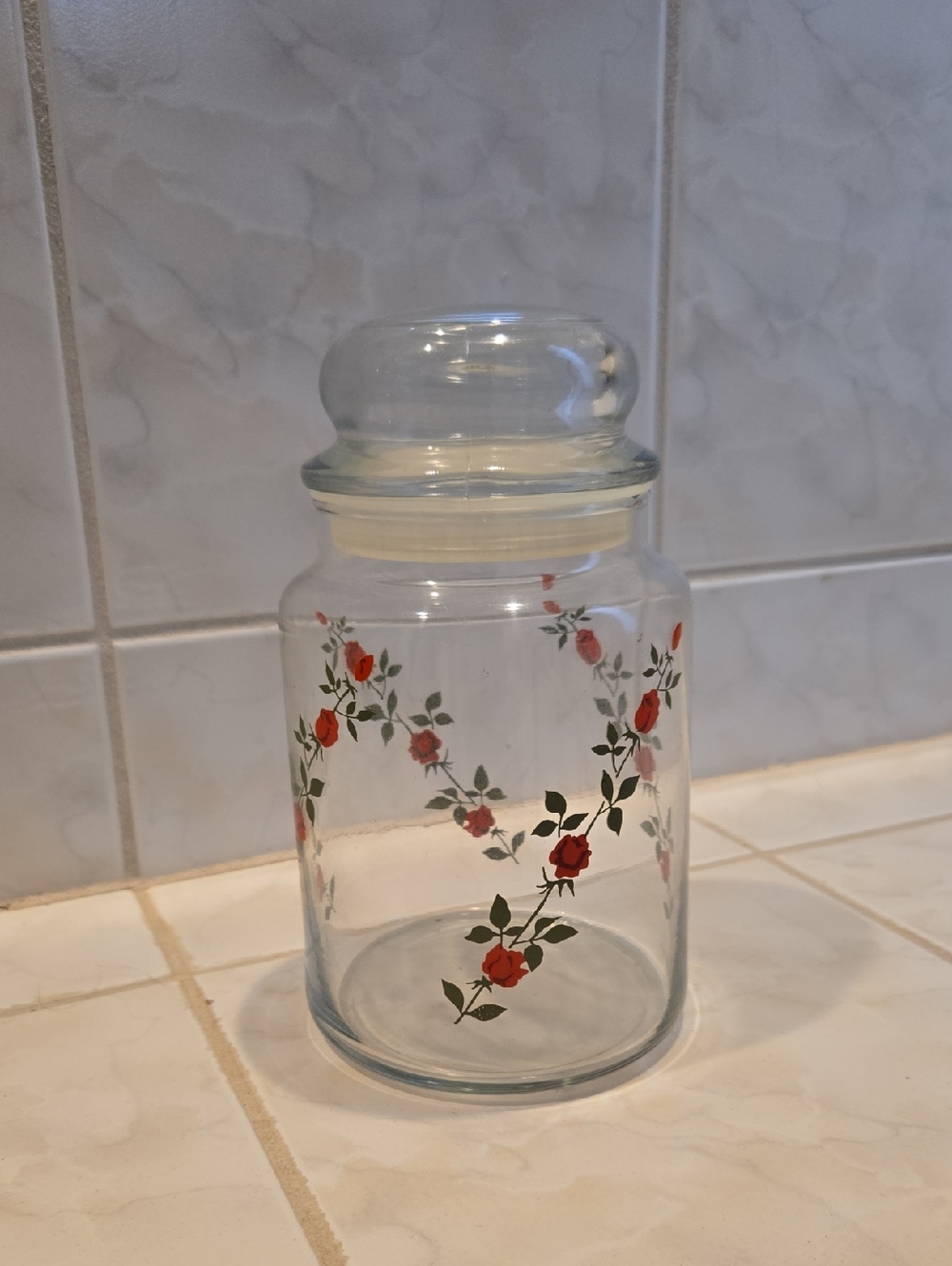 Clear Glass Canister / Candy Jar with Red Rose Vine Design
